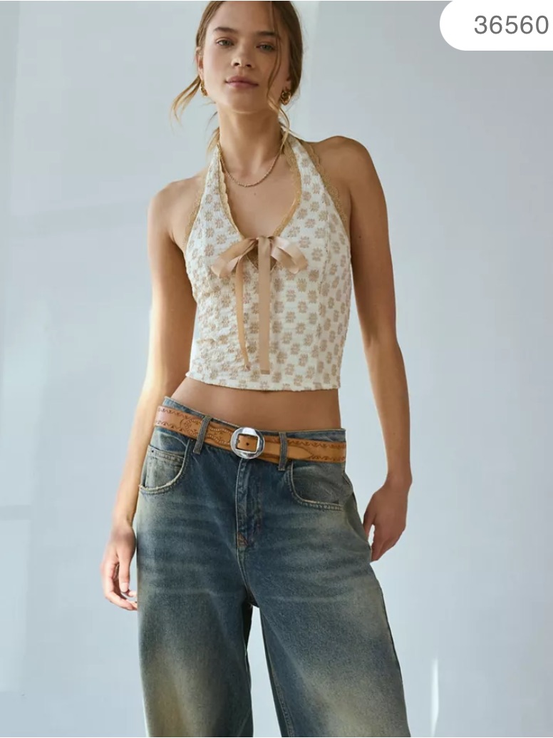 Ecote Cream Floral Halter Tie-Front Cropped Camisole